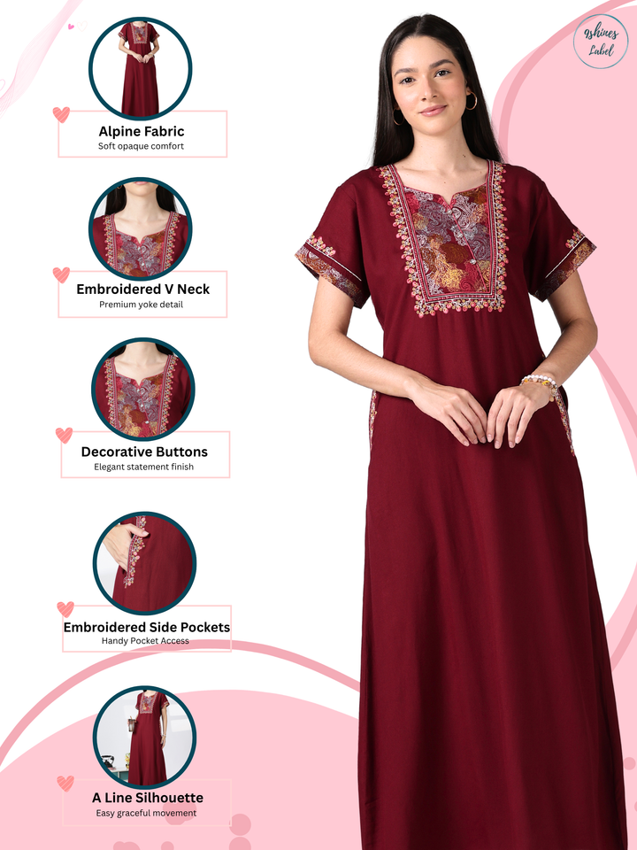Regal Maroon Alpine Designer Nighty for Women with Embroidered A Line Fit