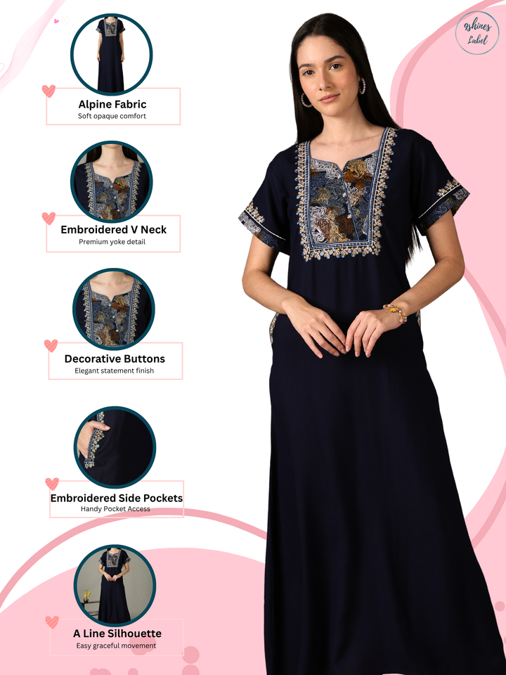 Regal Navy Alpine Designer Nighty for Women with Embroidered A Line Fit