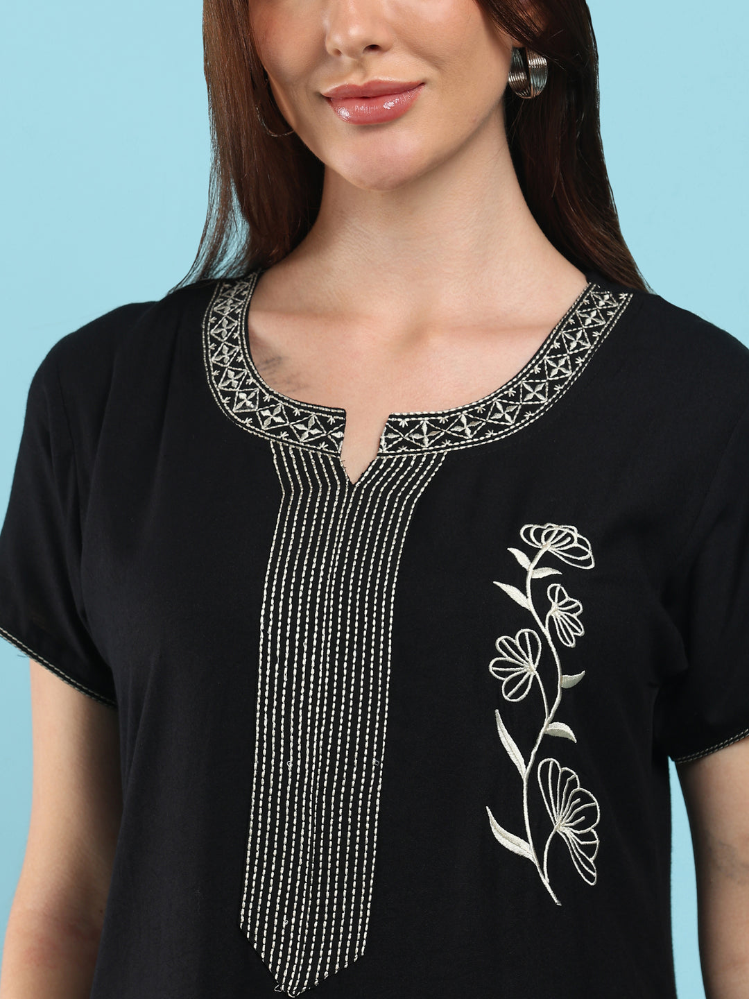 Charm Black Alpine Designer Nighty for Women with Pintuck Embroidery