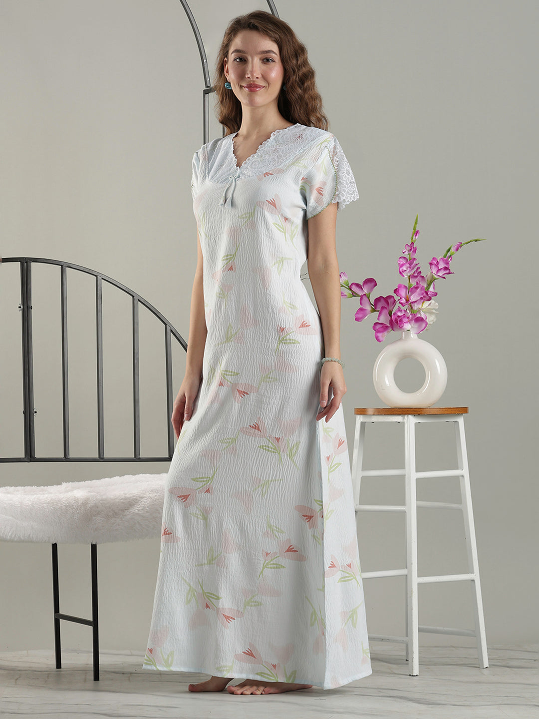 Bamboo Cotton Floral Nighty in Soft Blue with Lace Yoke and Pocket