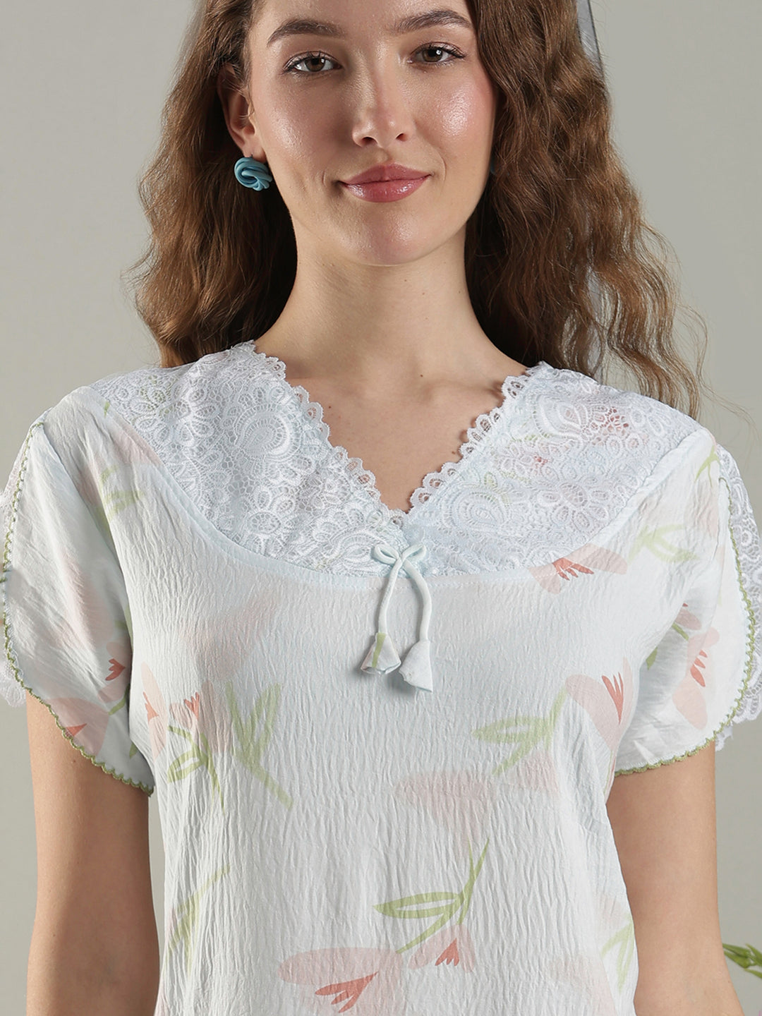Bamboo Cotton Floral Nighty in Soft Blue with Lace Yoke and Pocket
