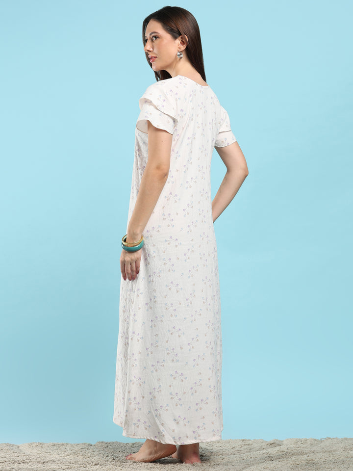 Pastel Cream Bamboo Feel Crush Cotton Floral Designer Nighty