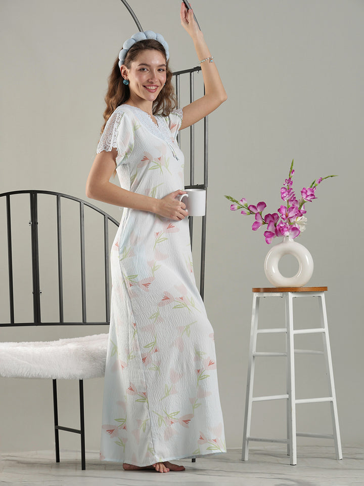Bamboo Cotton Floral Nighty in Soft Blue with Lace Yoke and Pocket