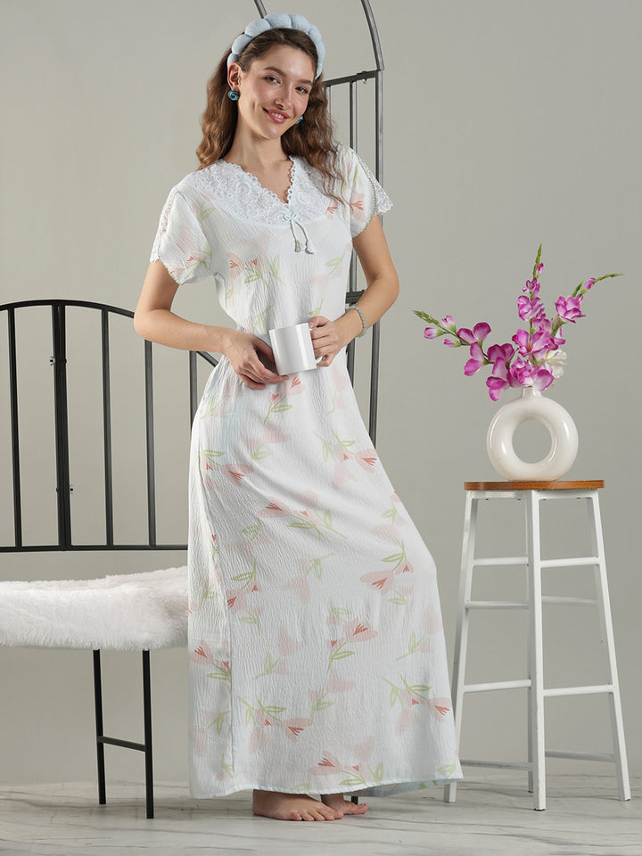 Bamboo Cotton Floral Nighty in Soft Blue with Lace Yoke and Pocket