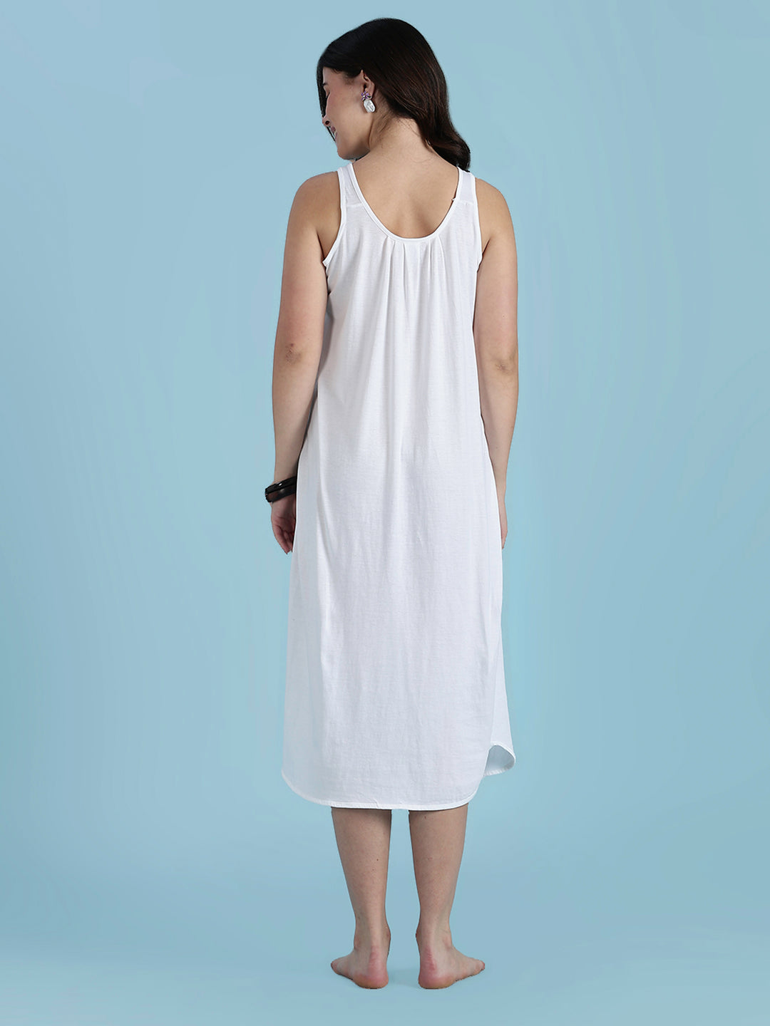 White Sleeveless A Line Cotton Hosiery Slip Nightdress for Women