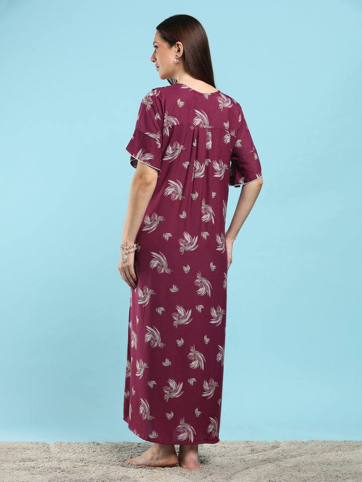 Floret Purple Floral Pleated Designer Nighty for Women