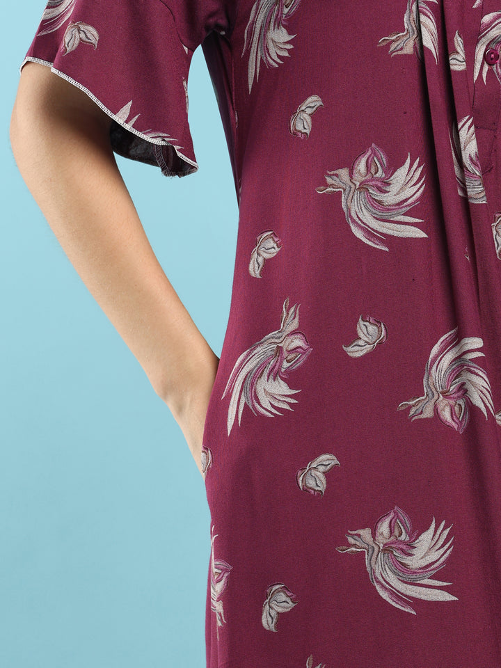 Floret Purple Floral Pleated Designer Nighty for Women