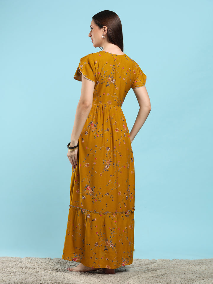 Floret Mustard Alpine Designer Nighty for Women with Frock Fit