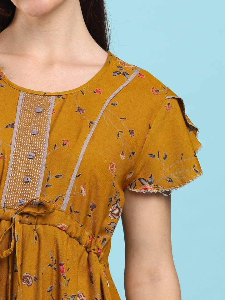 Floret Mustard Alpine Designer Nighty for Women with Frock Fit