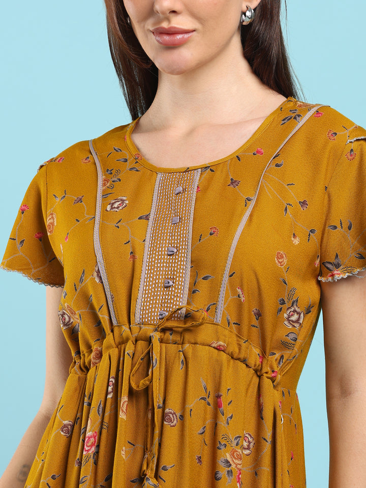 Floret Mustard Alpine Designer Nighty for Women with Frock Fit