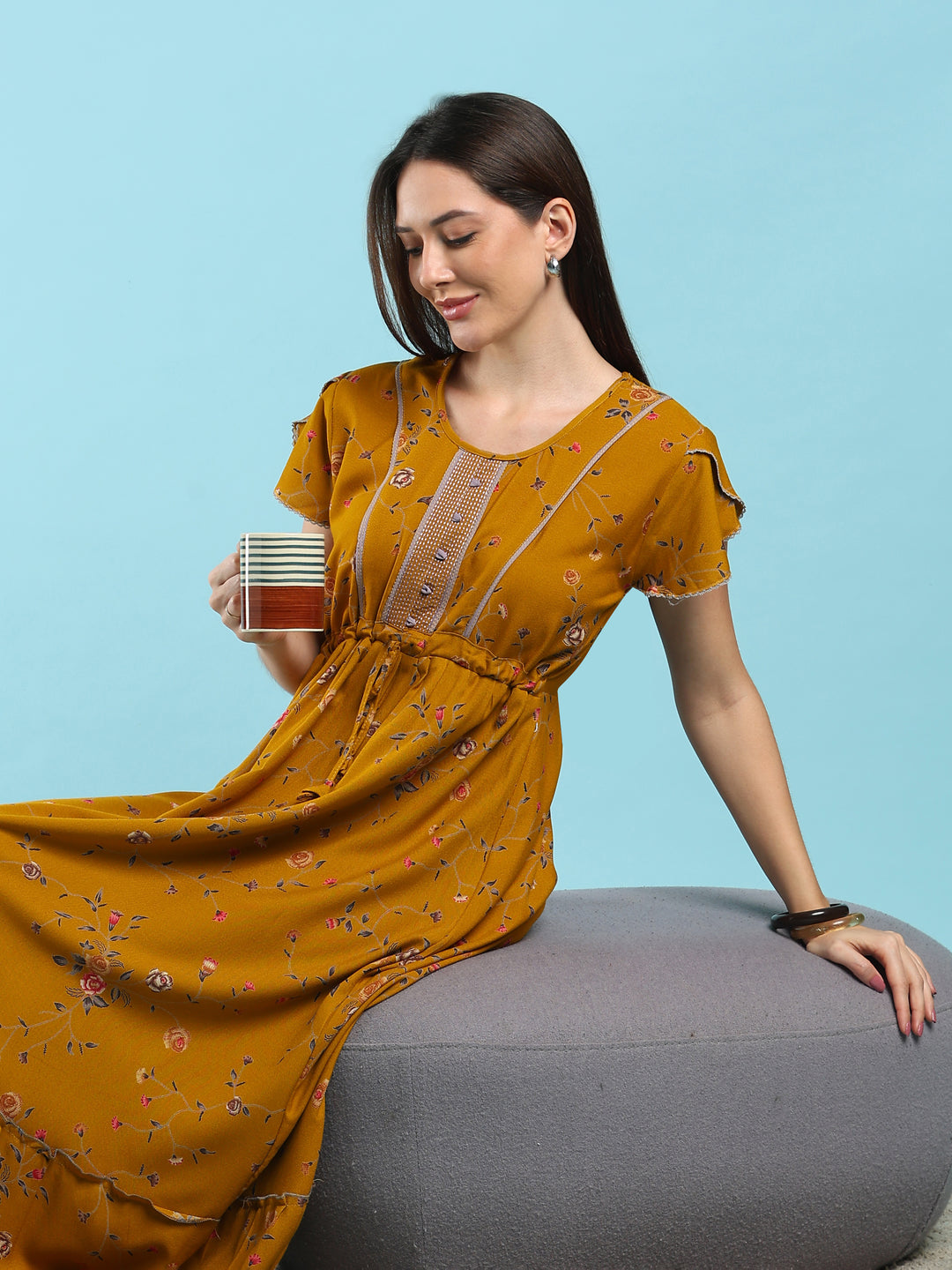 Floret Mustard Alpine Designer Nighty for Women with Frock Fit