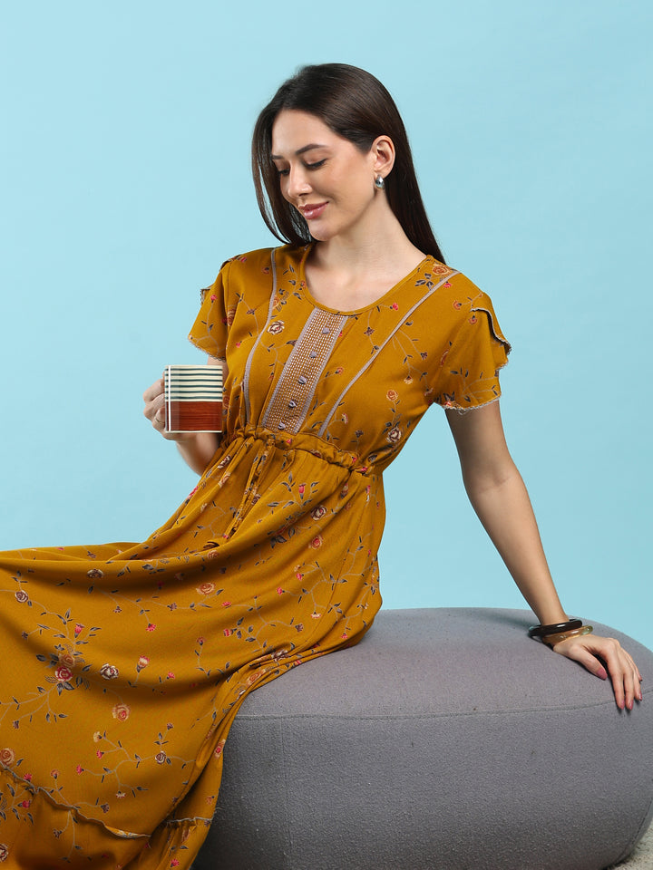 Floret Mustard Alpine Designer Nighty for Women with Frock Fit