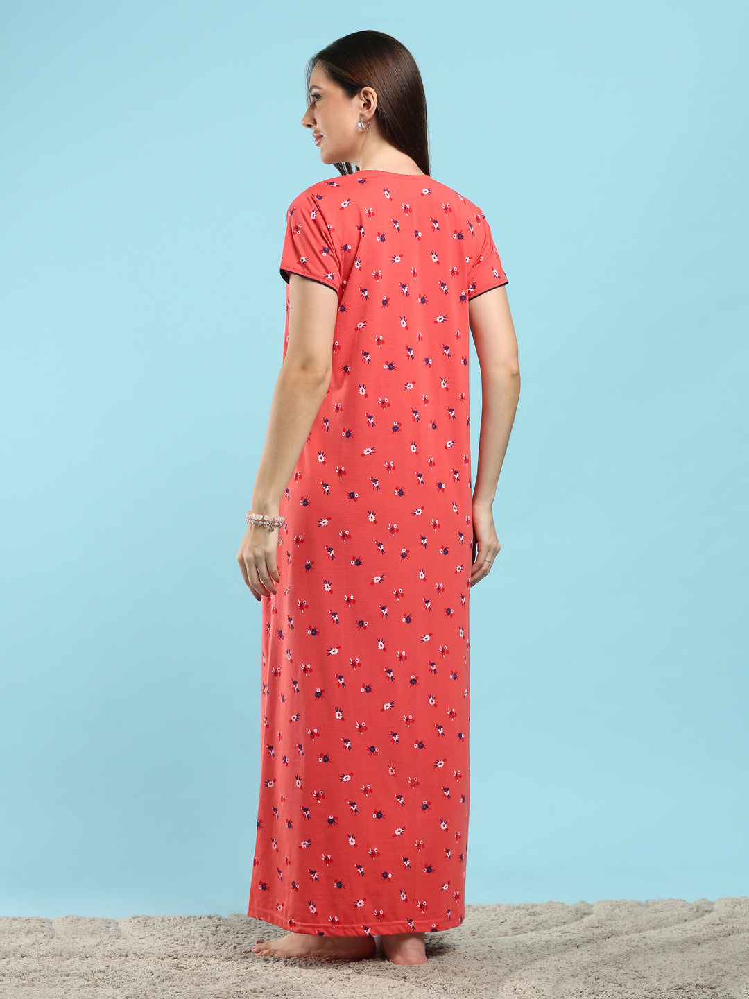 Dark Peach Floral Cotton Blend Designer Nighty for Women