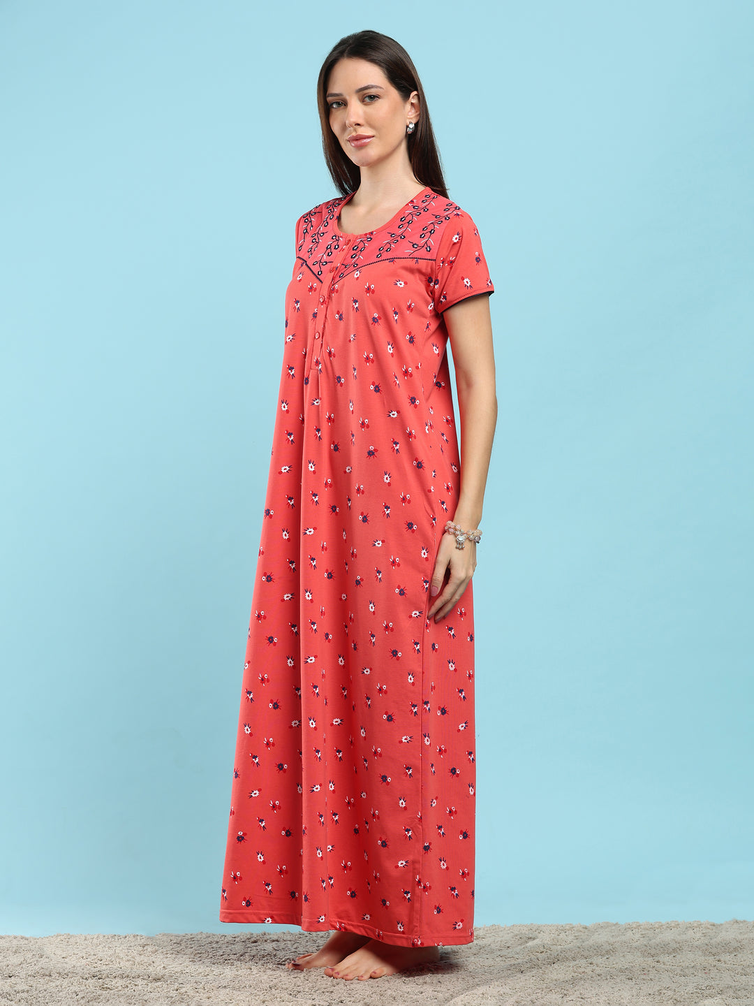 Dark Peach Floral Cotton Blend Designer Nighty for Women
