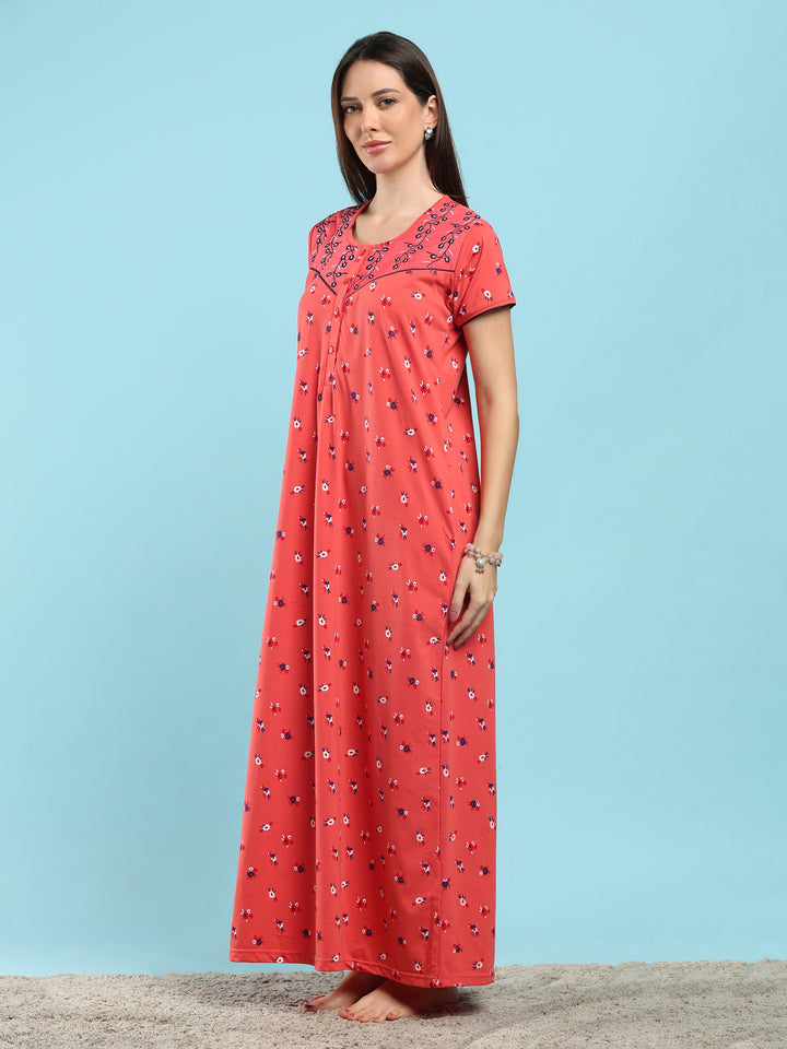 Dark Peach Floral Cotton Blend Designer Nighty for Women