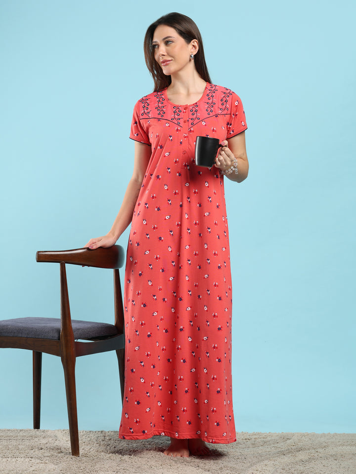 Dark Peach Floral Cotton Blend Designer Nighty for Women