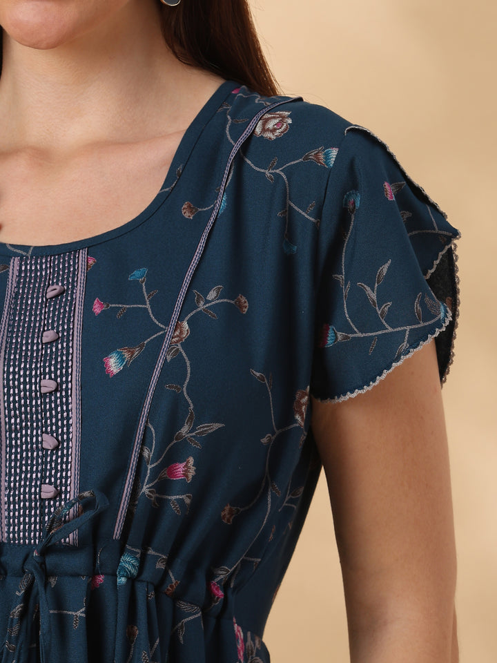 Floret Teal Alpine Designer Nighty for Women with Frock Fit