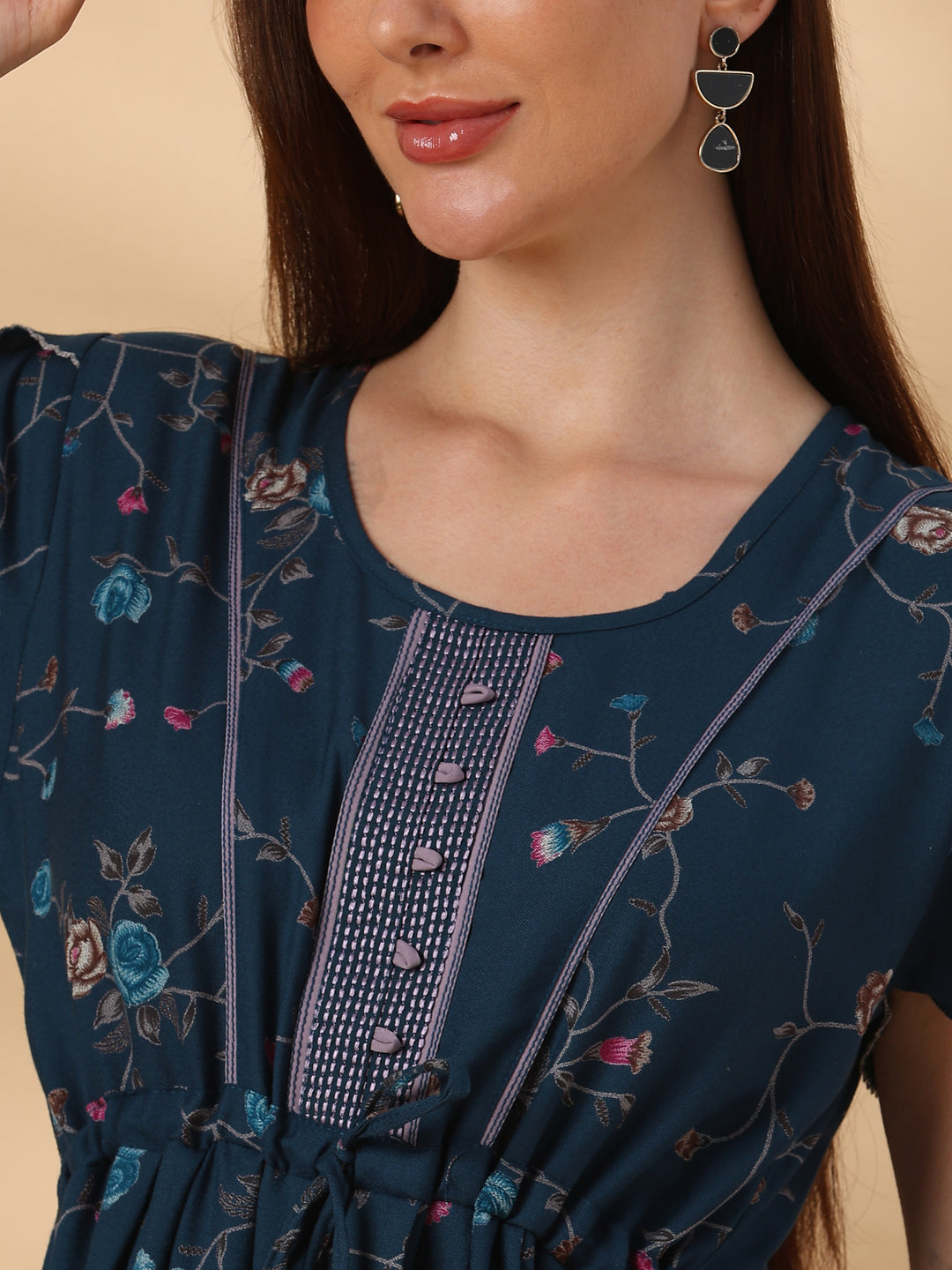 Floret Teal Alpine Designer Nighty for Women with Frock Fit