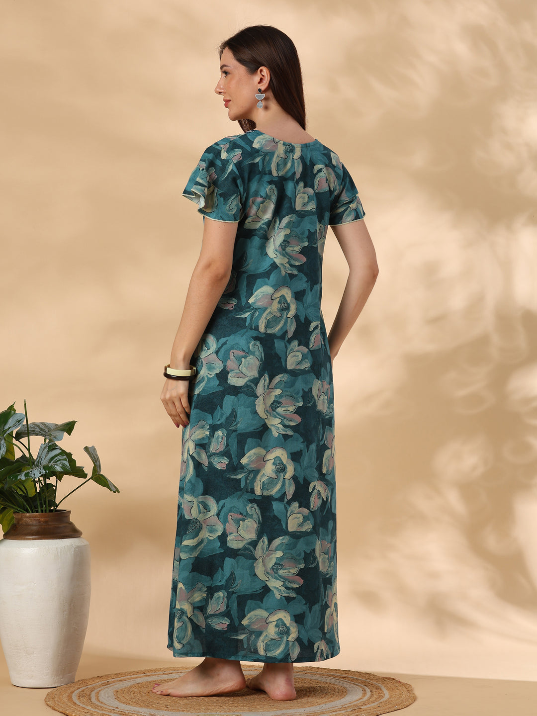 Petal Teal Floral Print Designer Nighty for Women Soft Fit