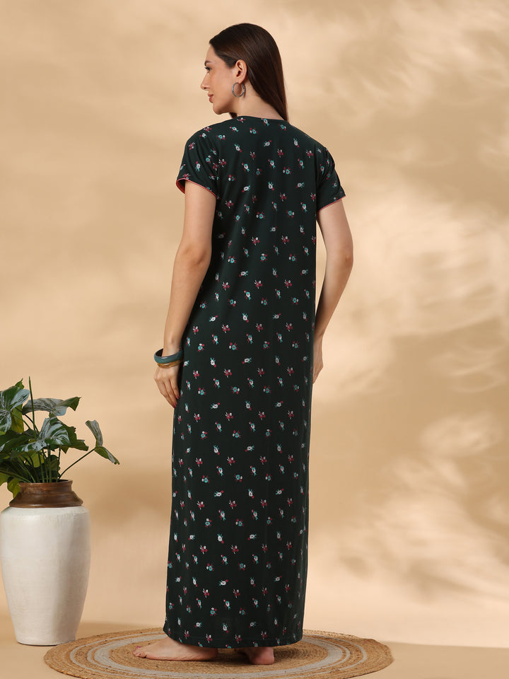 Bottle Green Floral Cotton Blend Designer Nighty for Women