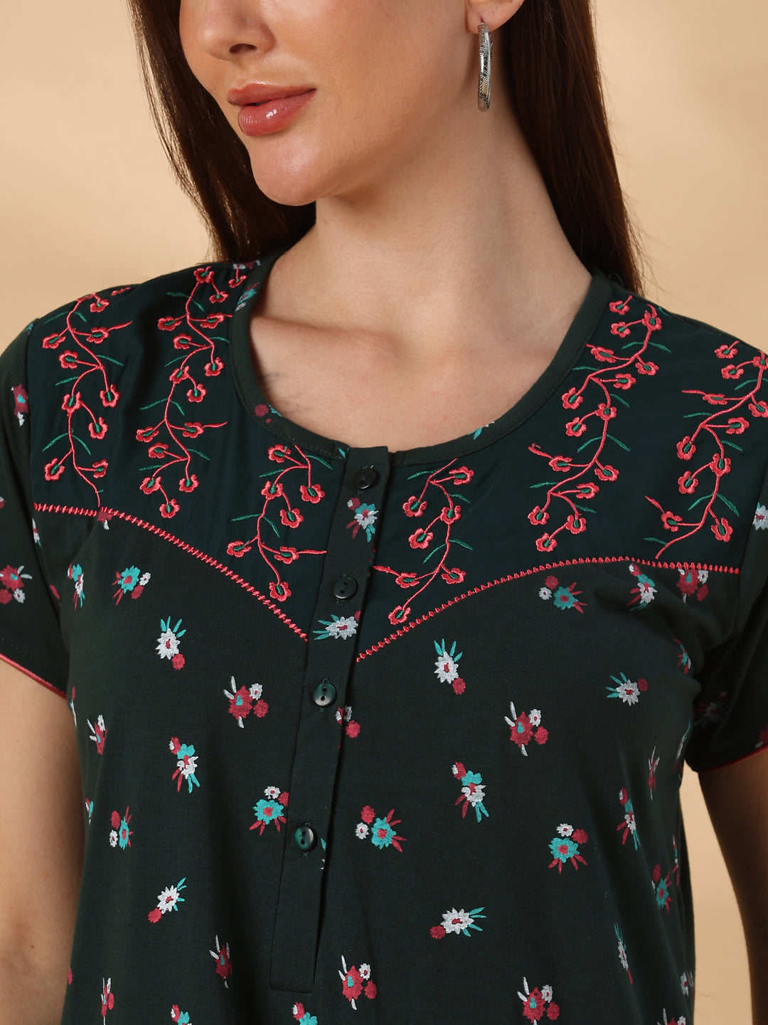 Bottle Green Floral Cotton Blend Designer Nighty for Women