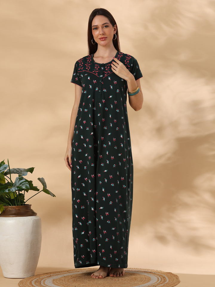 Bottle Green Floral Cotton Blend Designer Nighty for Women