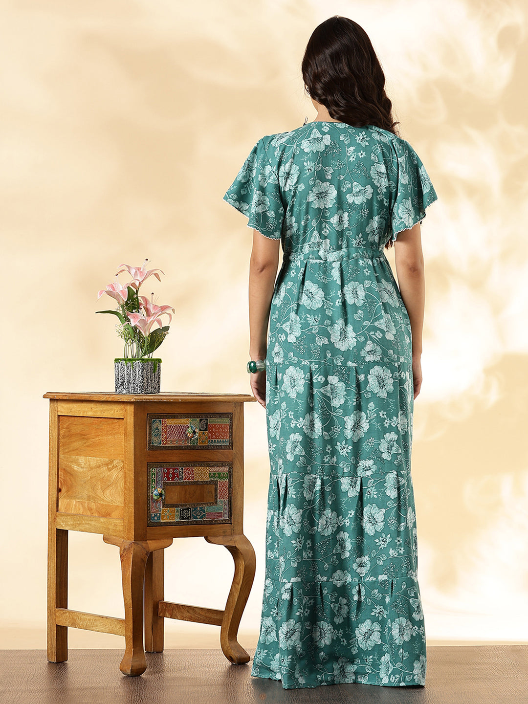 Aqua Lake Floral Alpine Nighty with Drawstring Waist & Side Pocket