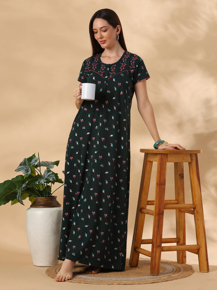 Bottle Green Floral Cotton Blend Designer Nighty for Women