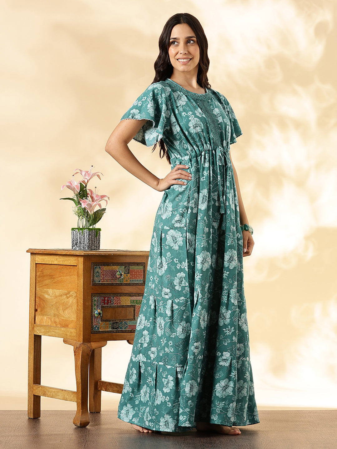 Aqua Lake Floral Alpine Nighty with Drawstring Waist & Side Pocket