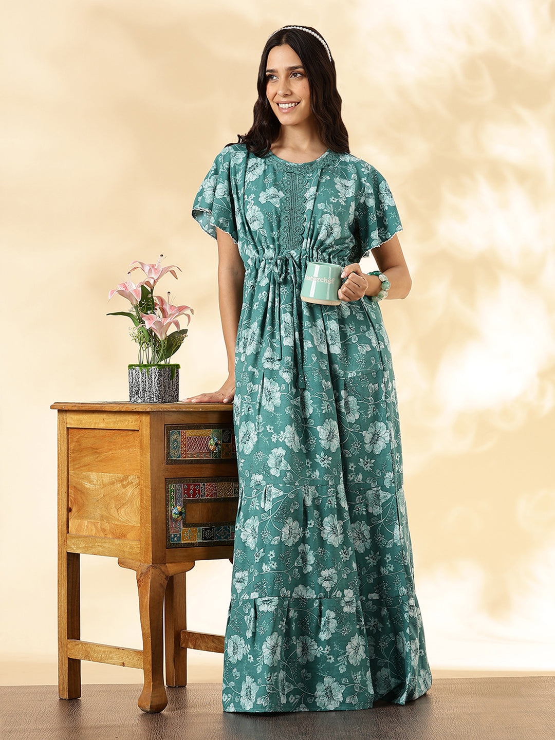 Aqua Lake Floral Alpine Nighty with Drawstring Waist & Side Pocket
