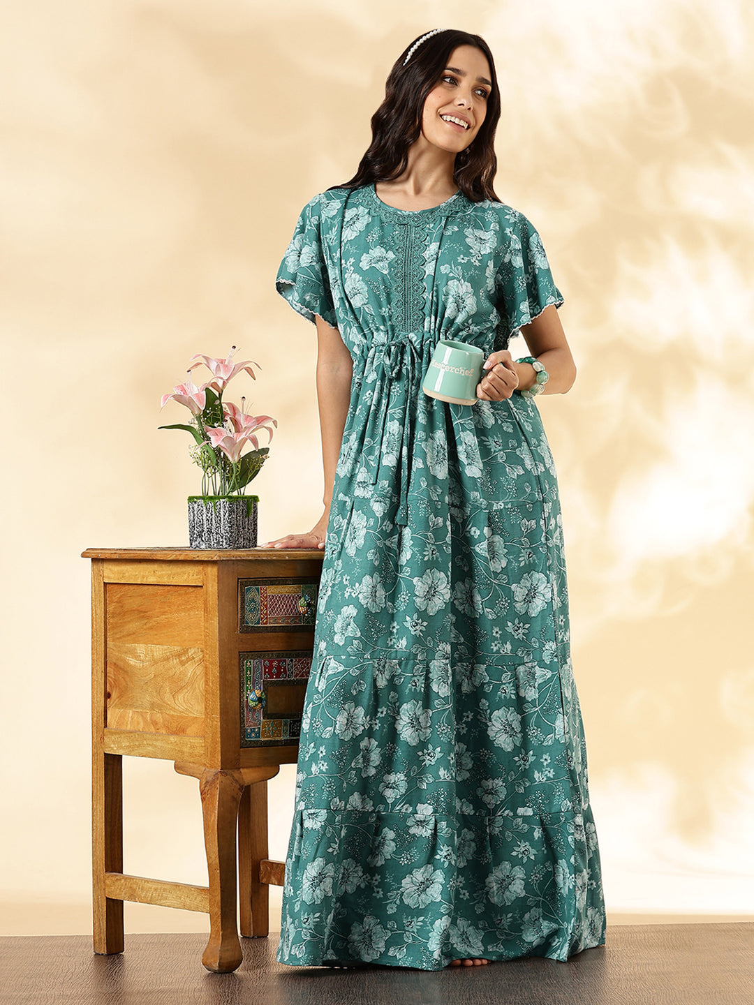 Aqua Lake Floral Alpine Nighty with Drawstring Waist & Side Pocket