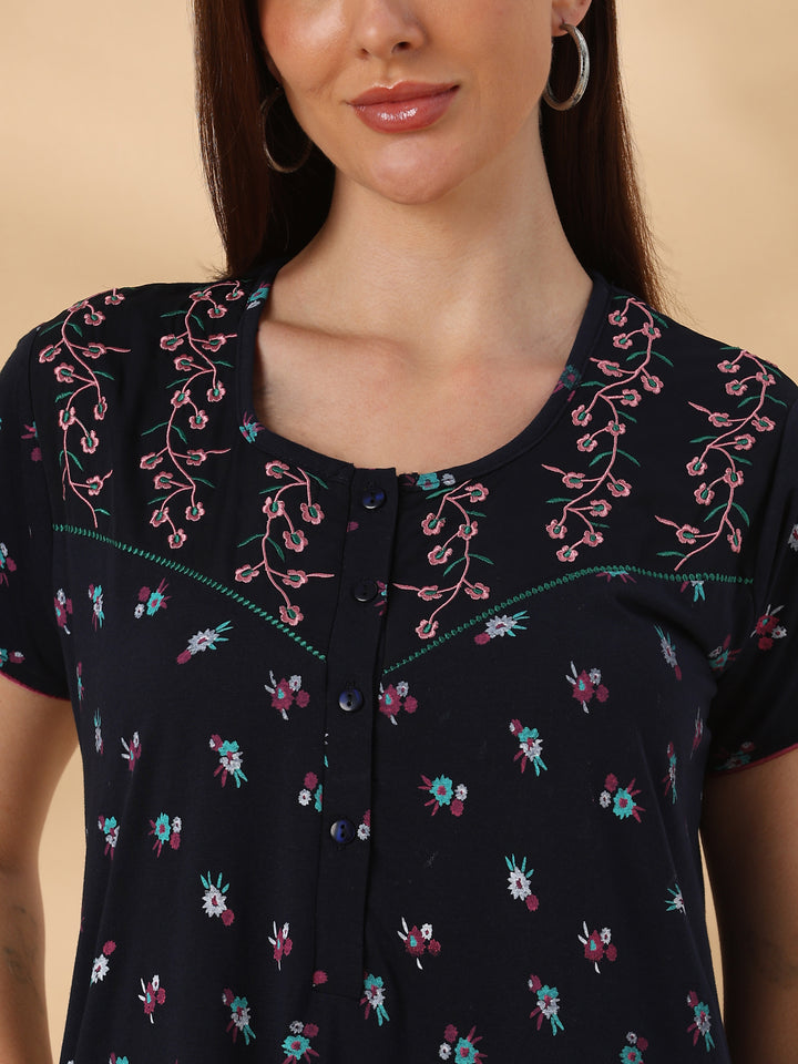 Ink Blue Floral Cotton Blend Designer Nighty for Women