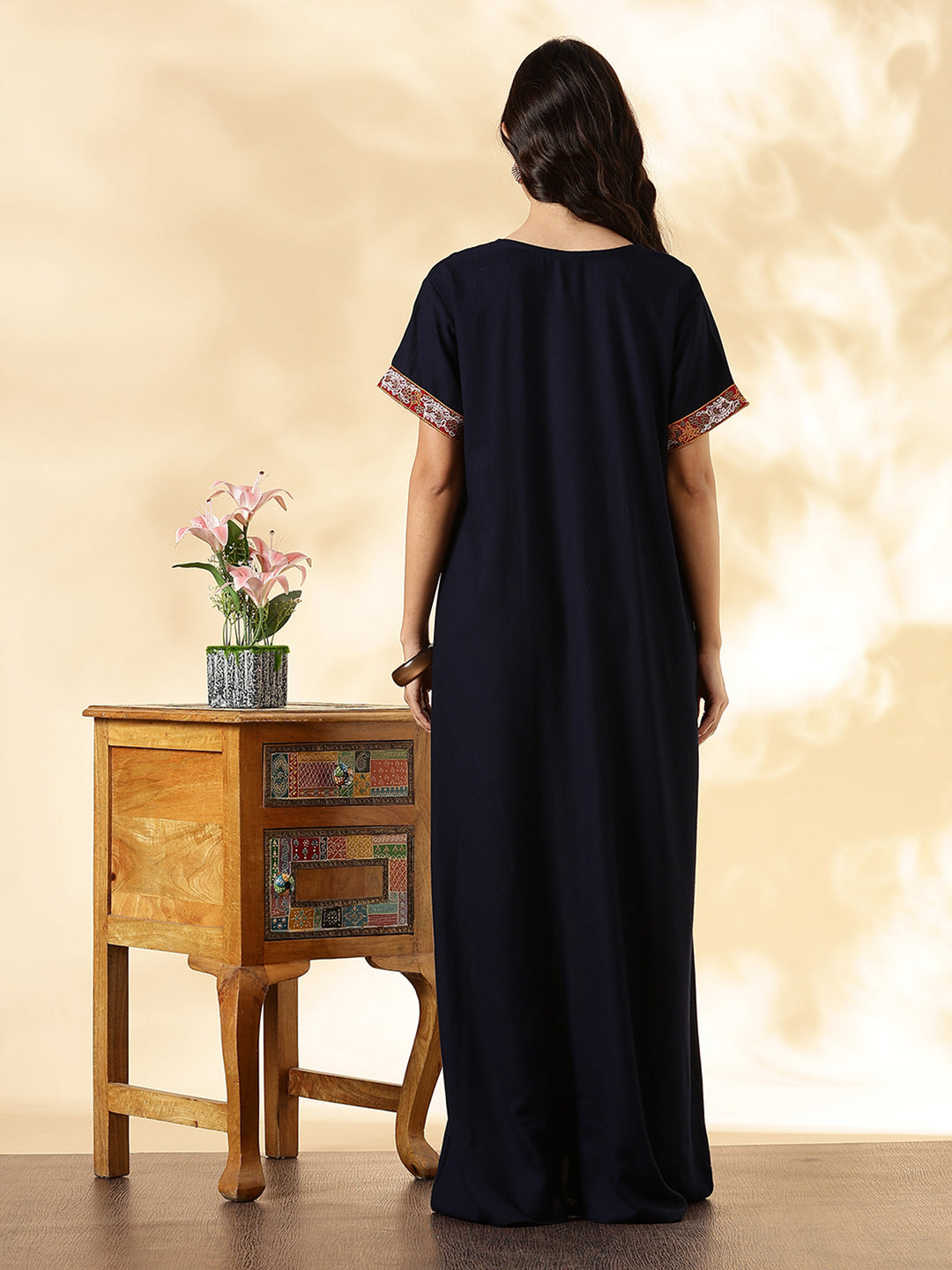 Navy Blue Alpine Embroidered Nighty For Women – Traditional Elegance in Modern Form