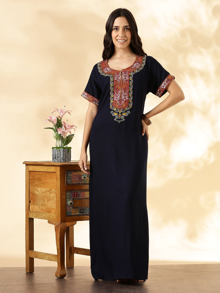 Navy Blue Alpine Embroidered Nighty For Women – Traditional Elegance in Modern Form