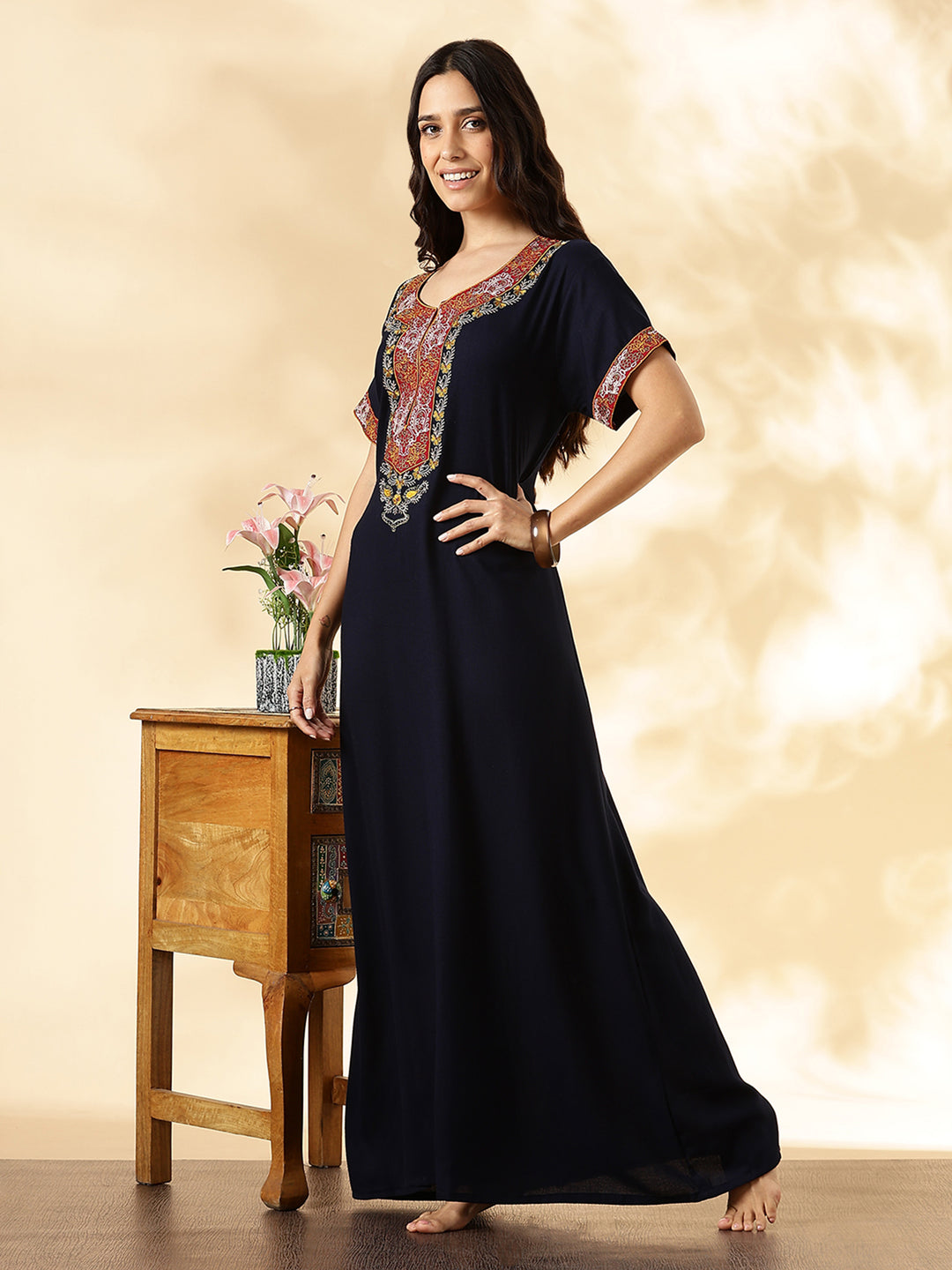Navy Blue Alpine Embroidered Nighty For Women – Traditional Elegance in Modern Form