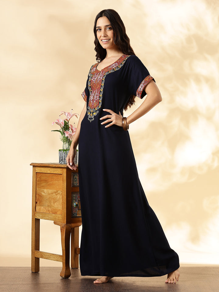 Navy Blue Alpine Embroidered Nighty For Women – Traditional Elegance in Modern Form