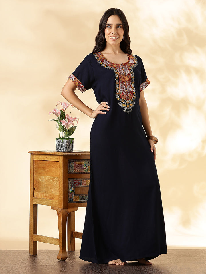 Navy Blue Alpine Embroidered Nighty For Women – Traditional Elegance in Modern Form