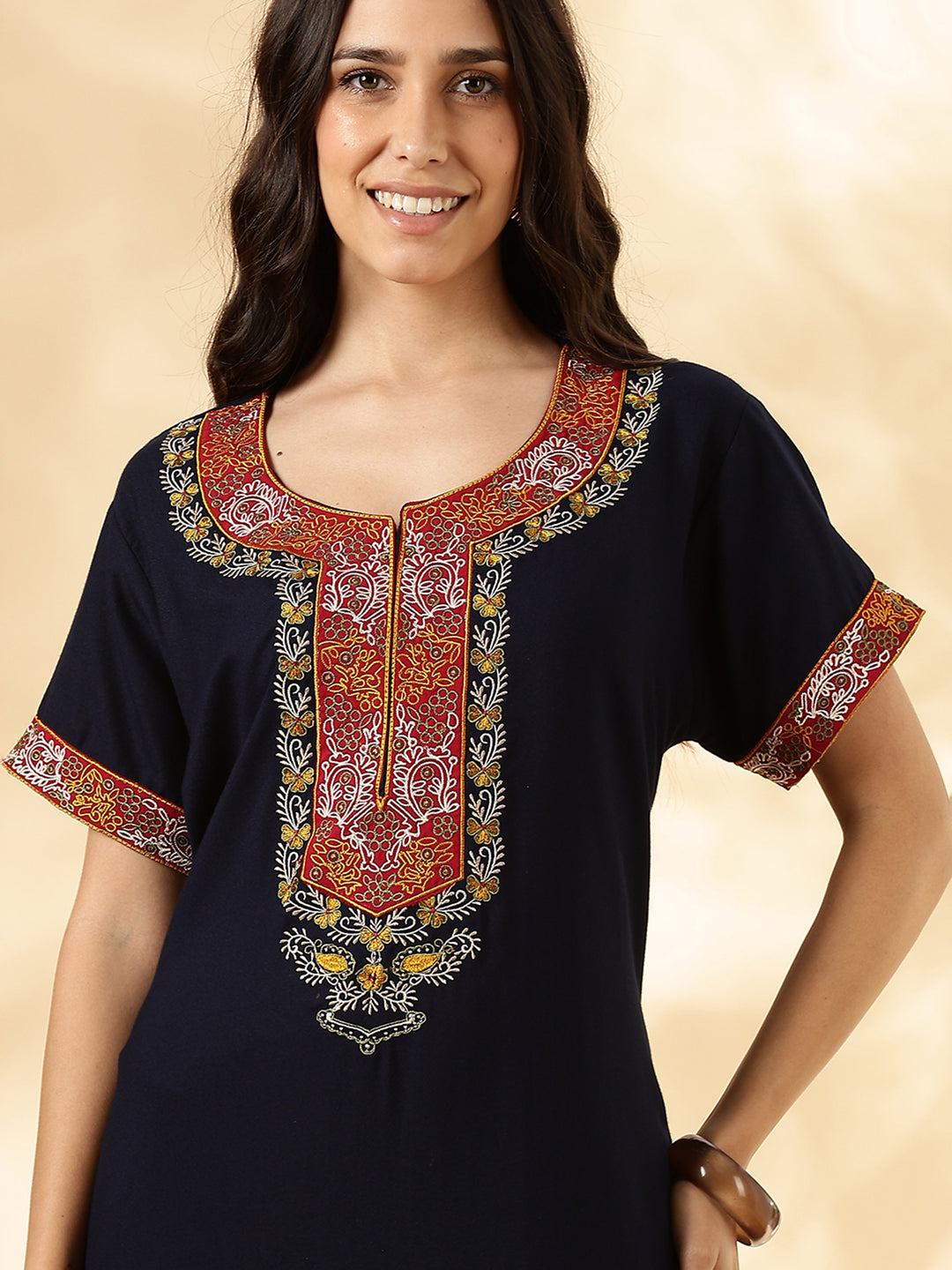 Navy Blue Alpine Embroidered Nighty For Women – Traditional Elegance in Modern Form