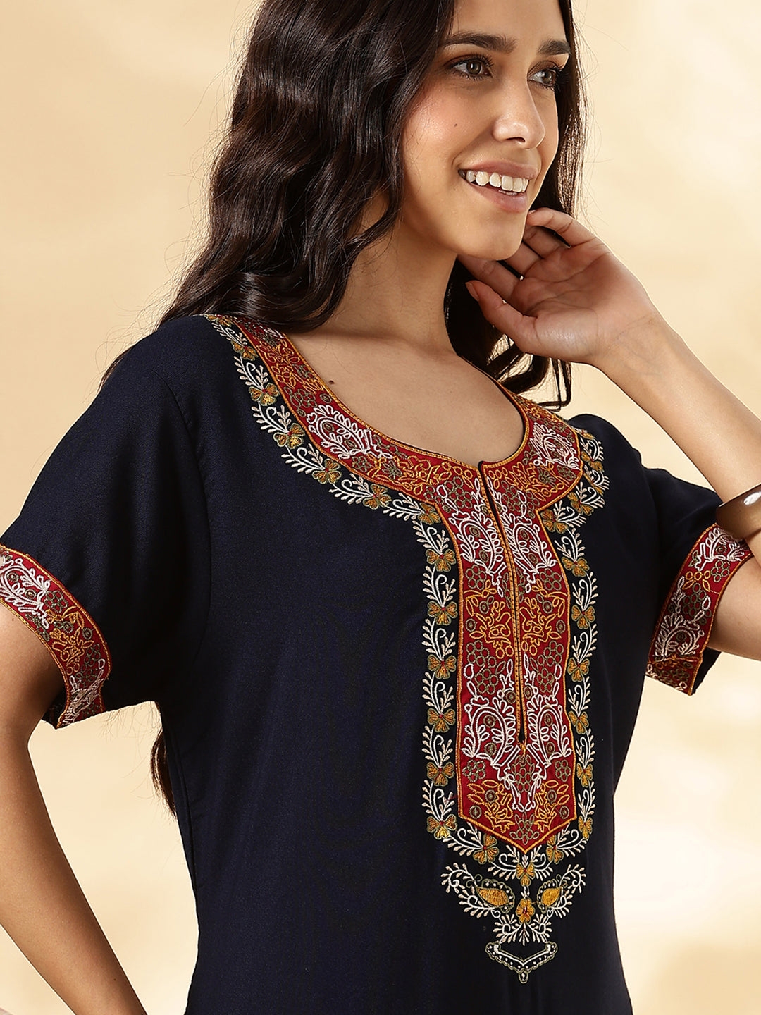 Navy Blue Alpine Embroidered Nighty For Women – Traditional Elegance in Modern Form