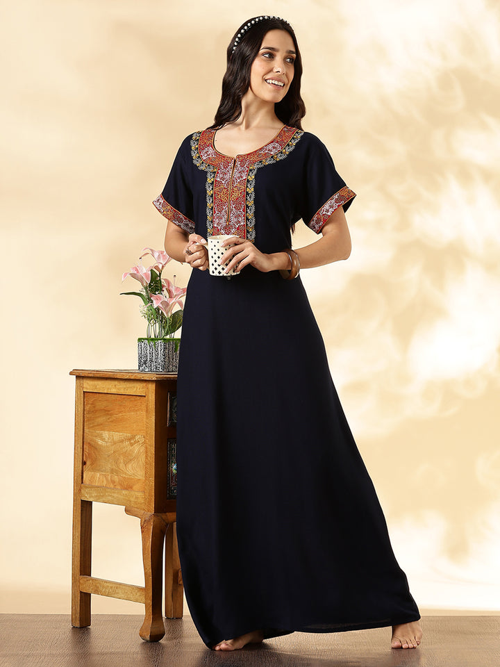 Navy Blue Alpine Embroidered Nighty For Women – Traditional Elegance in Modern Form