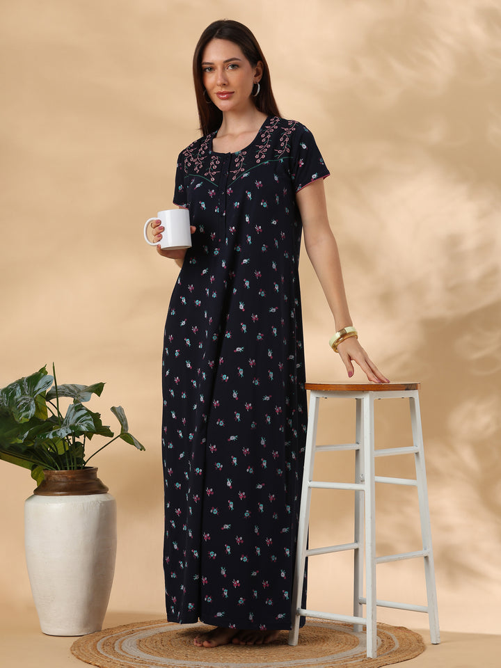 Ink Blue Floral Cotton Blend Designer Nighty for Women