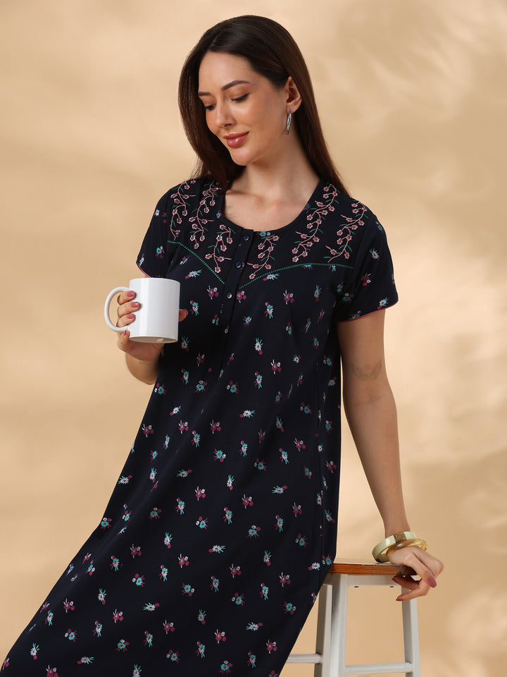 Ink Blue Floral Cotton Blend Designer Nighty for Women