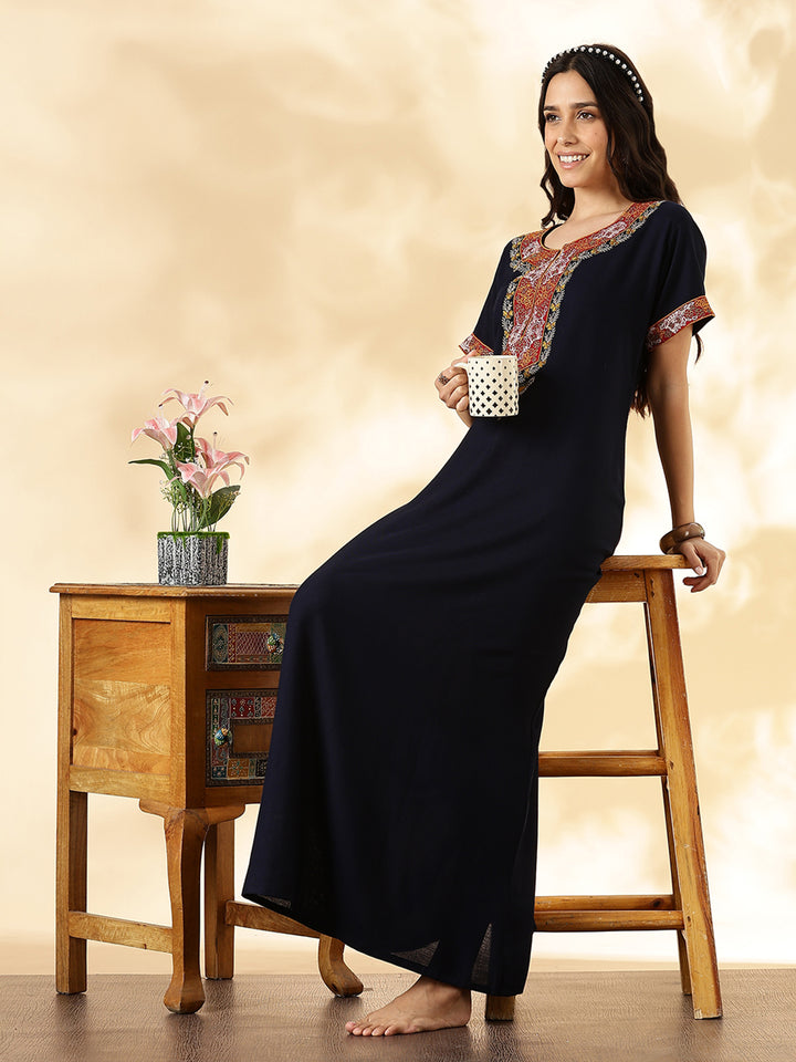 Navy Blue Alpine Embroidered Nighty For Women – Traditional Elegance in Modern Form