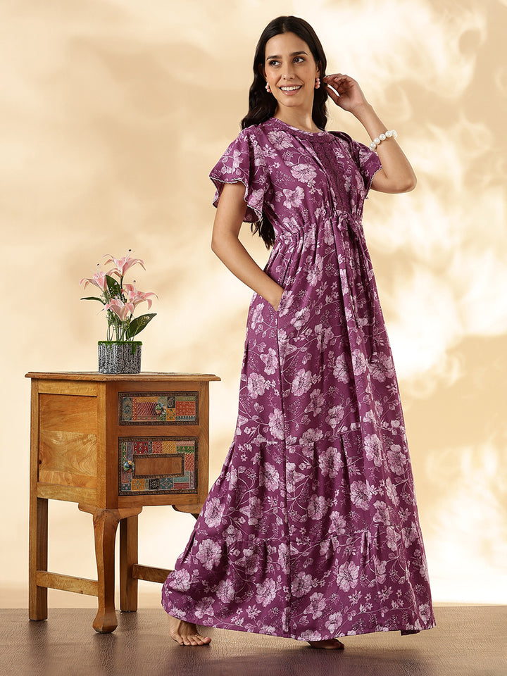Orchid Purple Floral Alpine Nighty for Women Relaxed Fit
