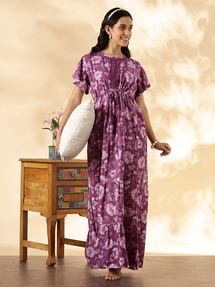 Orchid Purple Floral Alpine Nighty for Women Relaxed Fit