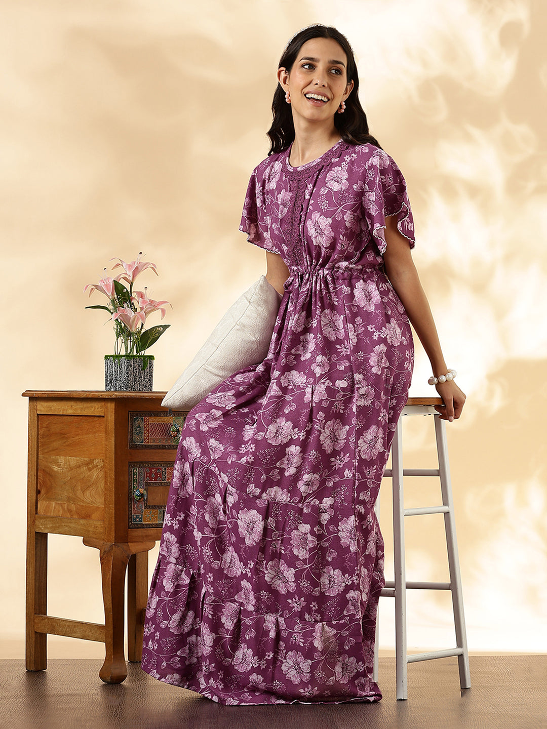 Orchid Purple Floral Alpine Nighty for Women Relaxed Fit