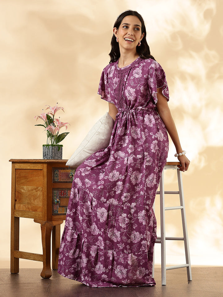 Orchid Purple Floral Alpine Nighty for Women Relaxed Fit