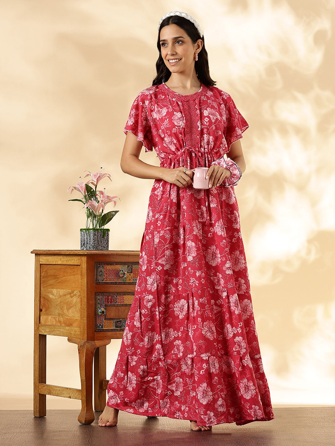 Salmon Red Floral Alpine Nighty for Women with Pocket