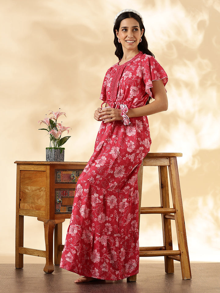 Salmon Red Floral Alpine Nighty for Women with Pocket