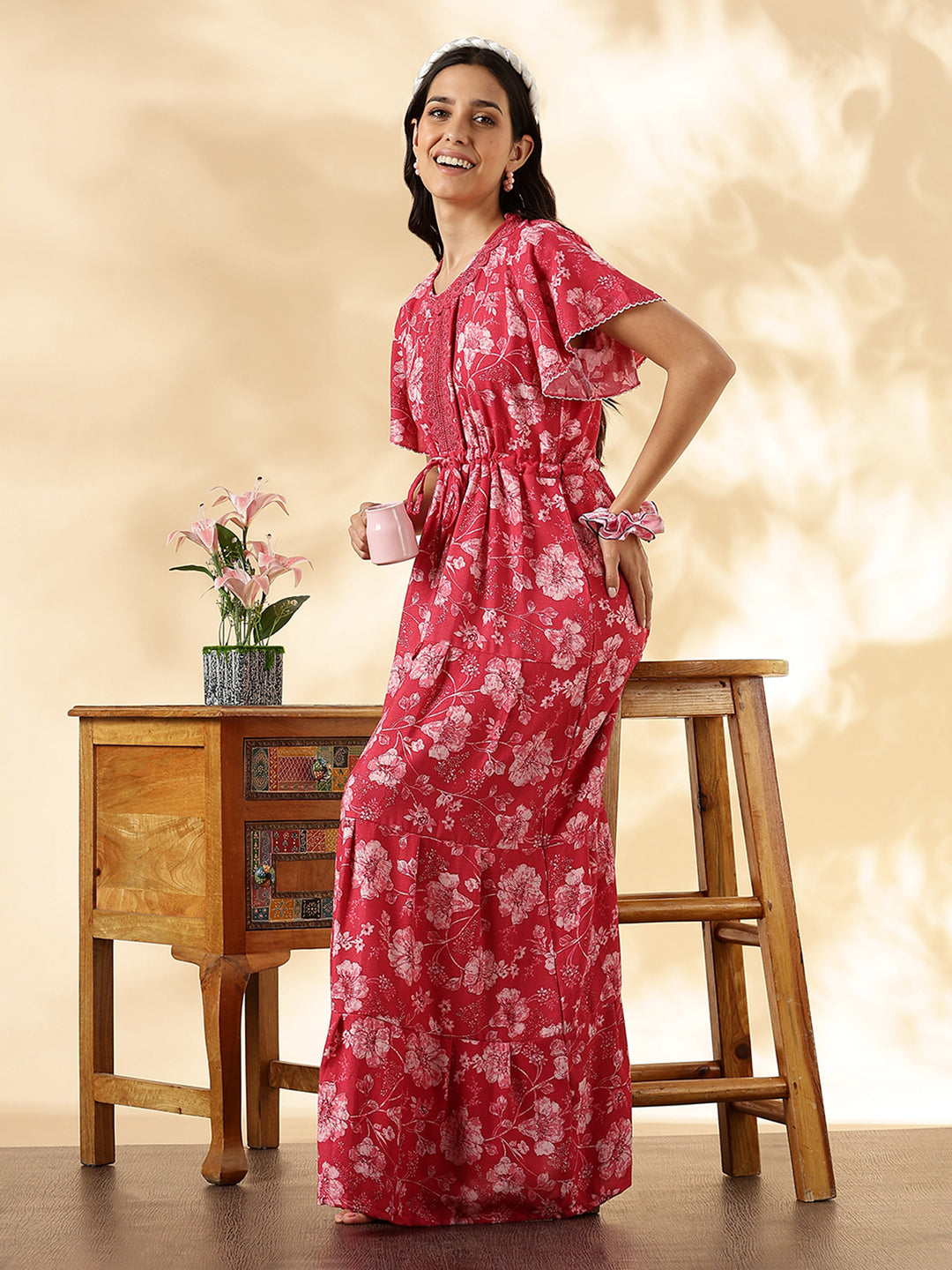Salmon Red Floral Alpine Nighty for Women with Pocket